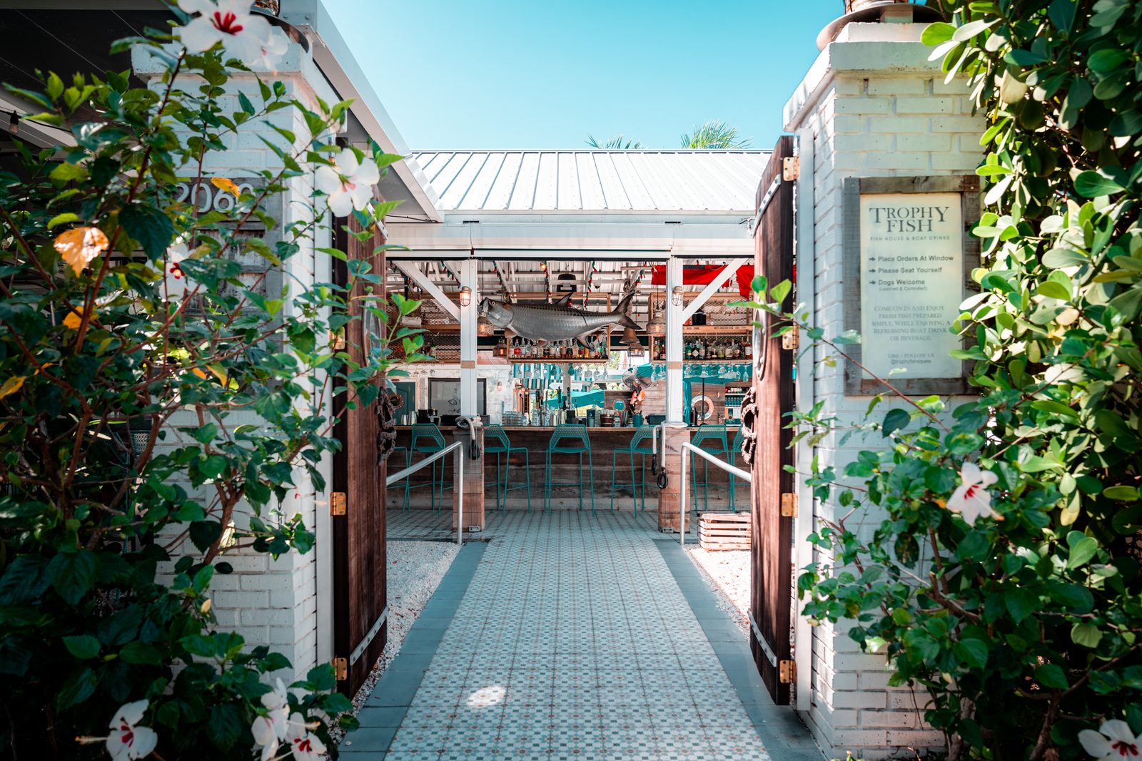 The plant-lined walkway into the Trophy Fish patio in St. Petersburg.